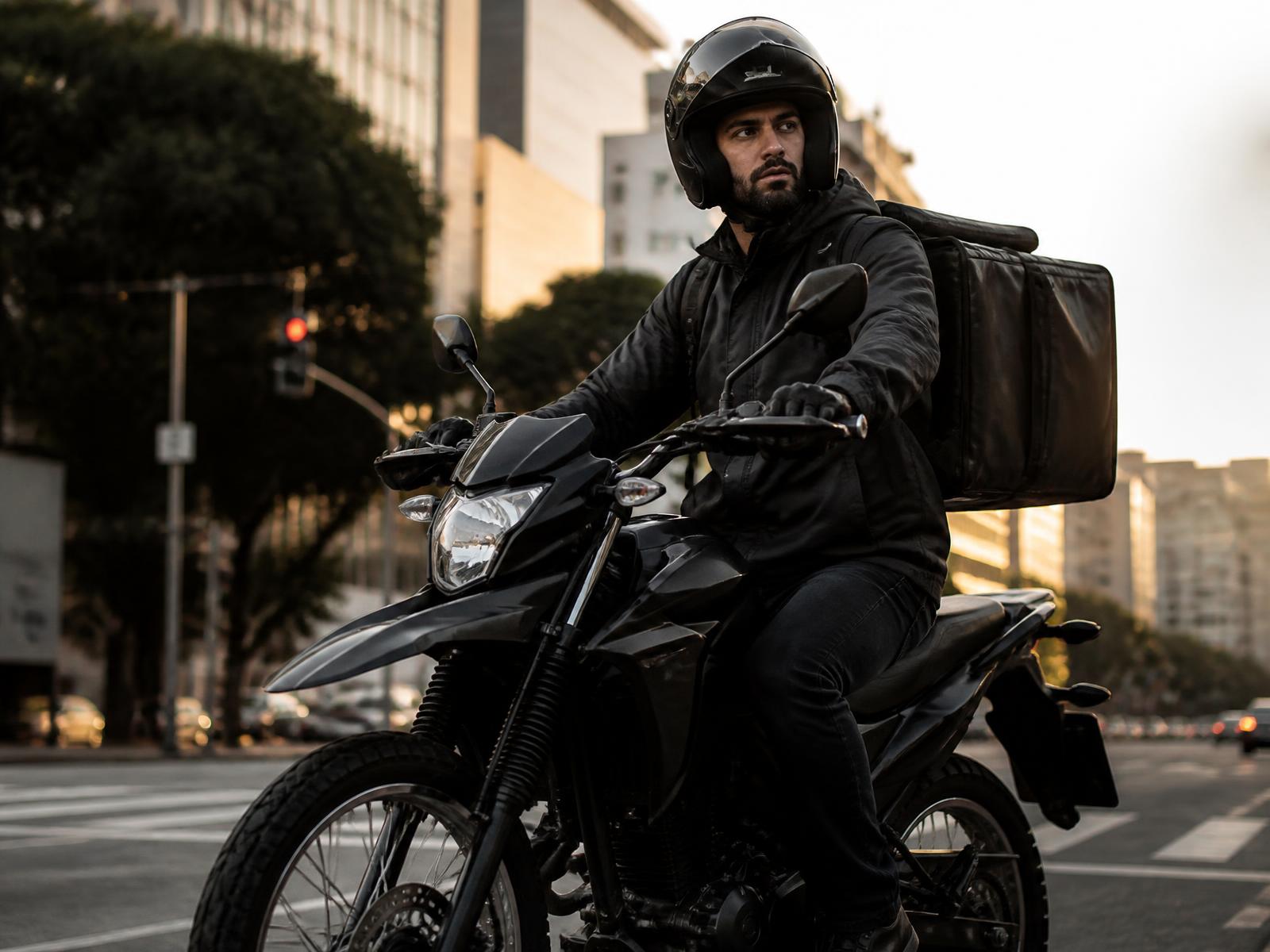 Entregador profissional em uma moto 0 km em rua urbana brasileira
